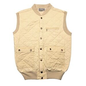 Vintage Chess King Mens Large Quilted Vest Beige Canvas Utility Snap Pockets 80s